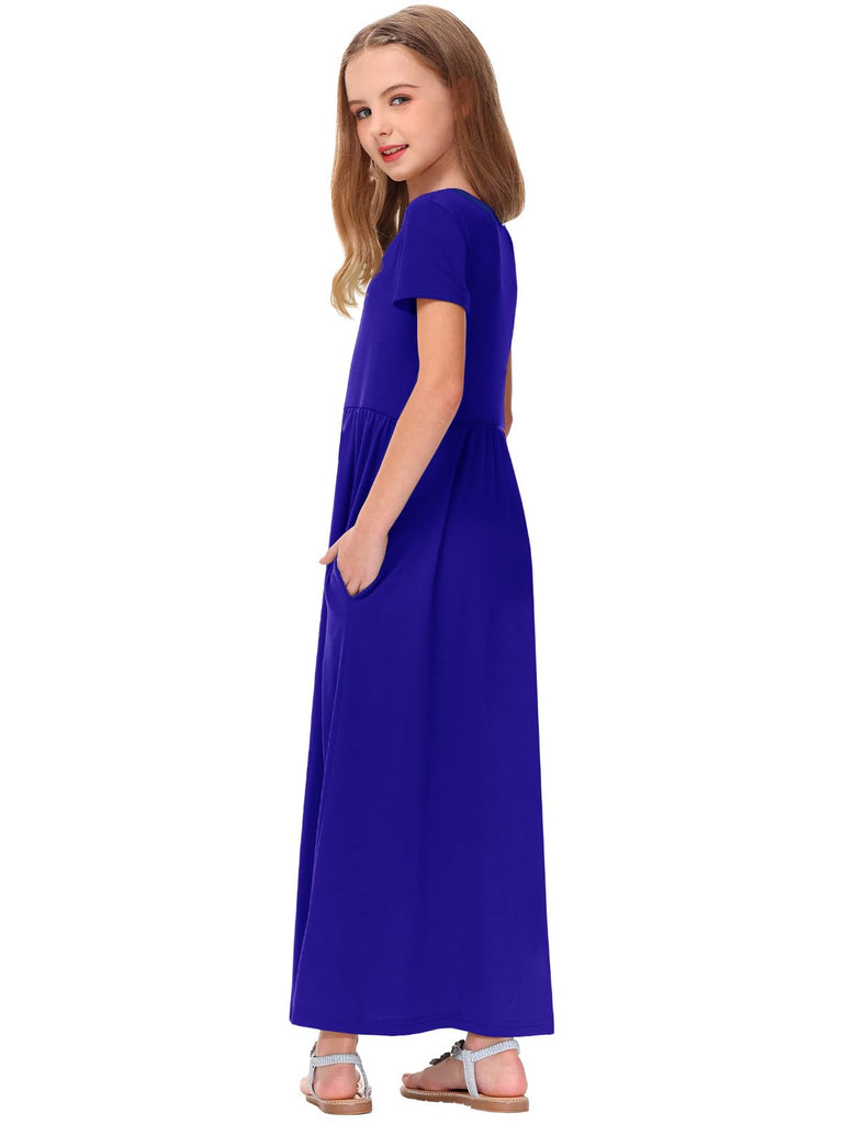 Blue Dress for Kids Short Sleeve Girls Maxi Dresses Floor Length Loose Dress with Pockets