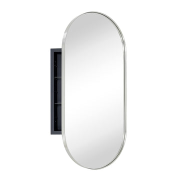 Brushed Nickel Oval Recessed Bathroom Medicine Cabinet with Mirror Stainless Steel Metal Framed Oblong Pill Shaped