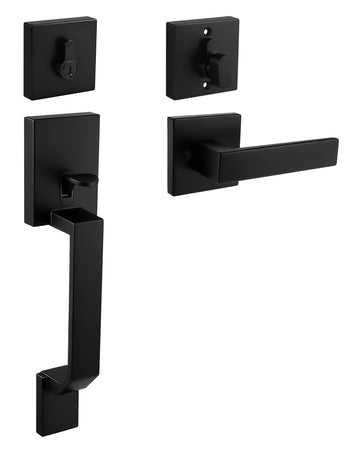 Front Door Handle and Deadbolt Set, Matte Black Front Door Lock Set, Square Exterior Door Handle and Single Cylinder