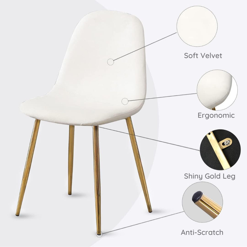 Cream Velvet Dining Chair Set of 4, Midcentury Modern Kitchen Chairs with Gold Chrome Legs, Elegant Dining Room