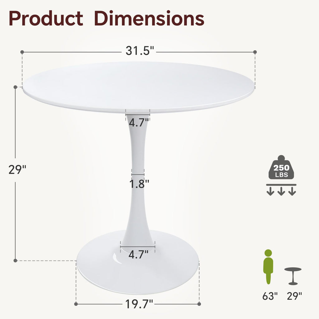 31.5" Tulip Round Dining Table with Metal Pedestal White