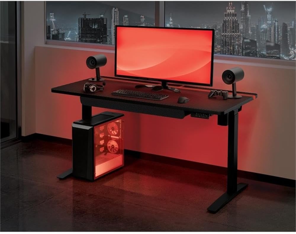 Electric Height-Adjustable Gaming Desk, 60" W x 28" D, Steel Frame, Gray Carbon Fiber Finish, RGB LED Lights