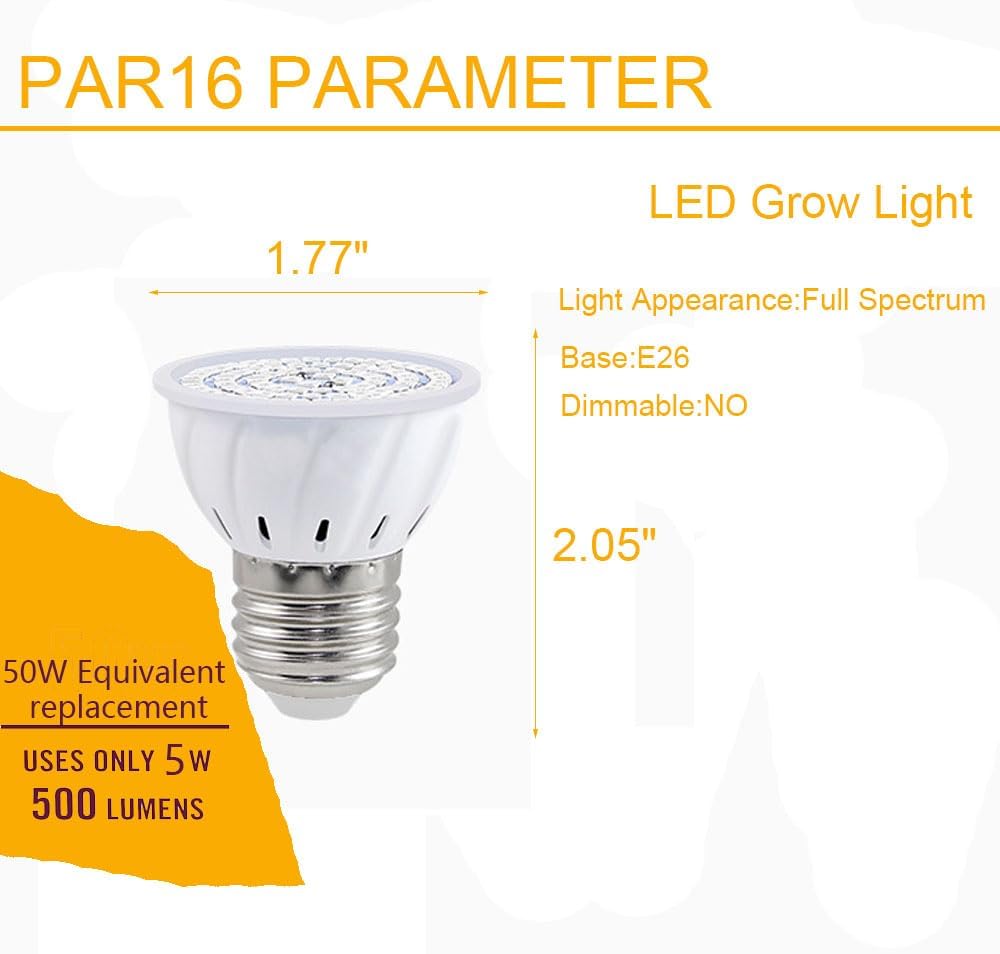 Grow Light Bulb, Full Spectrum 7W Grow Lamp (50 Watt Equiv),E26 Base Perfect for Seeding and Growing of Indoor