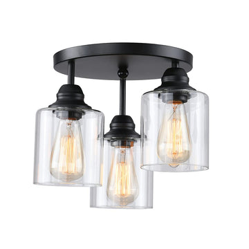 3-Lights Industrial Semi Flush Mount Ceiling Light, Vintage Light Fixture with Clear Seeded Glass Shade