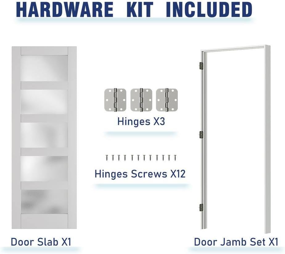 Prehung Interior Door, 32" x 80", 5-Lite Frosted Glass, Prehung Door, Right-Handed, White MDF with Door Jamb & Hardware Kit