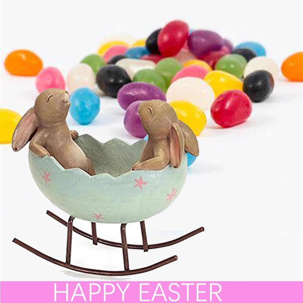 Laughing Bunny Rabbits Rocking in an Easter Egg Cradle Spring Easter Decoration Vintage Rustic Country Bunnies Rabbit - Set of 2