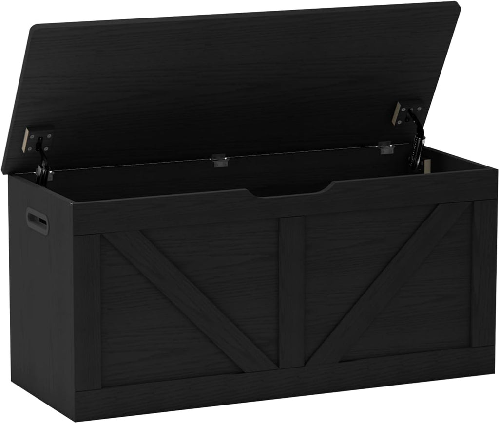 39.4" Storage Chest, Wooden Storage Bench, Large Storage Trunk | Entryway Shoes Bench with 2 Safety Hinges, Black