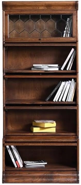 Traditional 5-Stacks Wood Barrister Bookcase, Walnut Finish, 78" H x 33" W x 16" D, Leaded Glass Top, Medium Brown