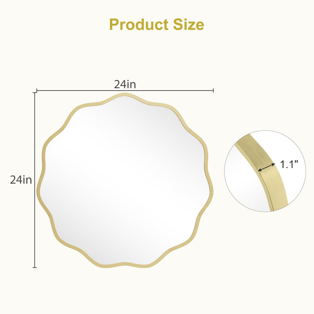 Round Wavy Mirror for Wall Decorative 24 inch, Modern Round Mirror Aluminum Frame Bedroom Living Room Home House