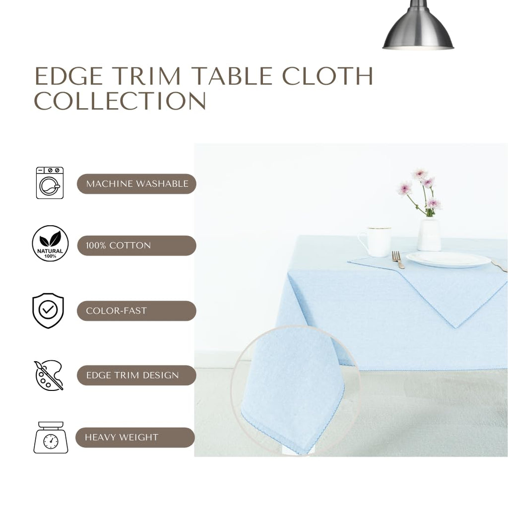 Cotton Tablecloth 60 x 90 Inch Rectangle - Sky Blue Table Cloth with Embroidered Edge Trim - Table Cover, Farmhouse