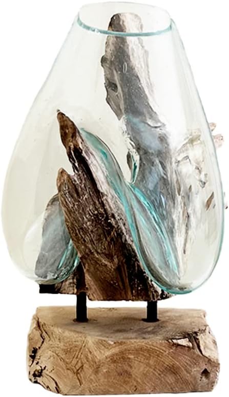 Hand Blown Molten Glass and Teak Vase Sculpture Natural Solid Wood and Recycled Glass Modern Home Decor Large Size
