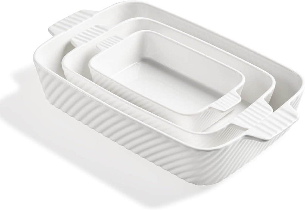 Ceramic Dish Set, Cake Dish for Brownie, Porcelain Striped Casserole Dishes for Oven with Handle for Lasagna, Family