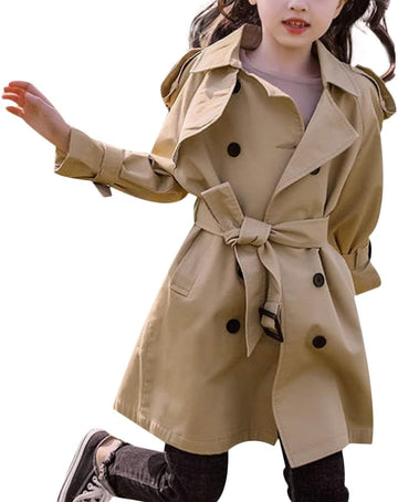Girls Double Breasted Trench Coat Kids Lapel Long Sleeve Belt Windbreaker Jacket Outerwear with Pockets