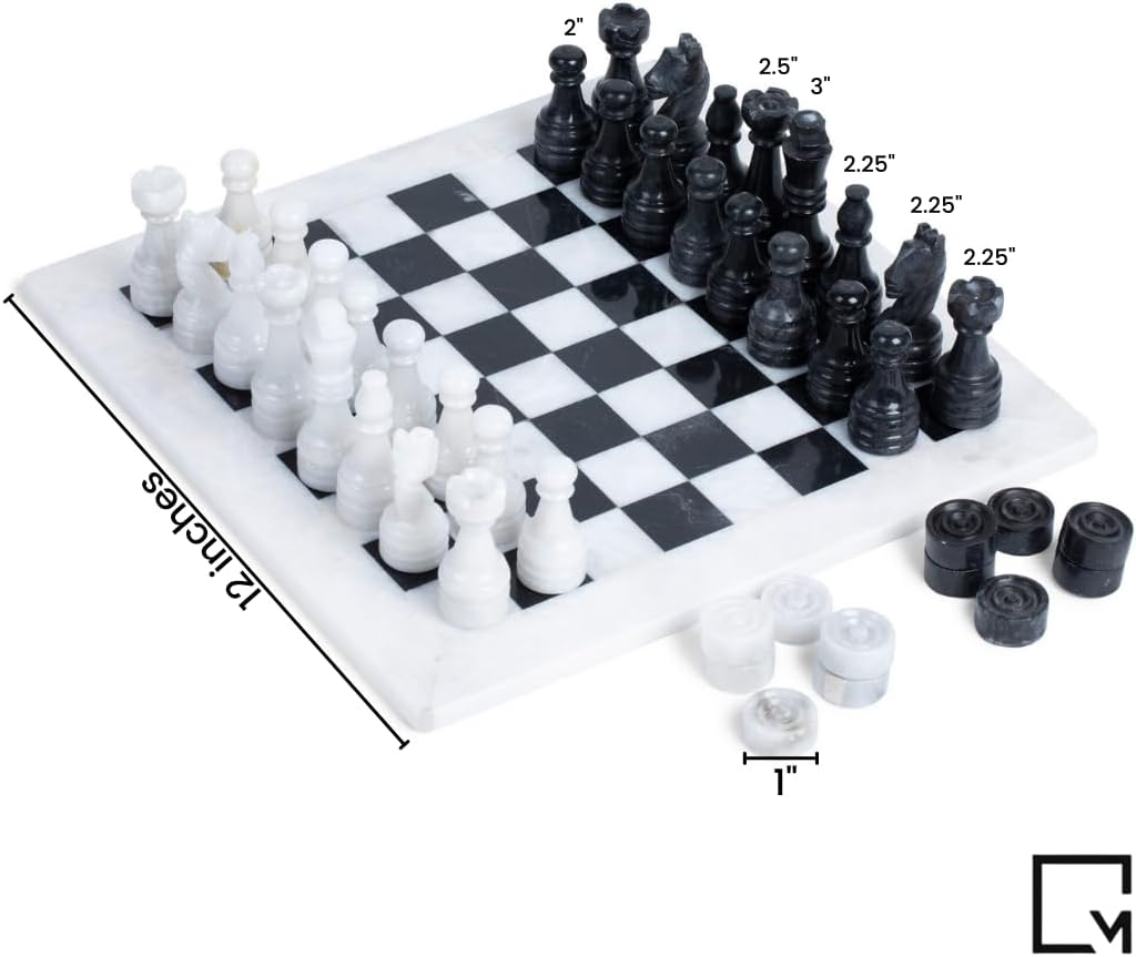 Marble Chess and Checkers Set - Luxury Tabletop Game and Coffee Table Decor - Elegant 3-in-1 Marble Game for Room - Set of 56
