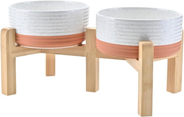 Elevated Dog Bowls Ceramic, 6.1'' Dogs and Cat Food Water Bowls Raised with Non-Slip Bamboo Stand for Medium Sized