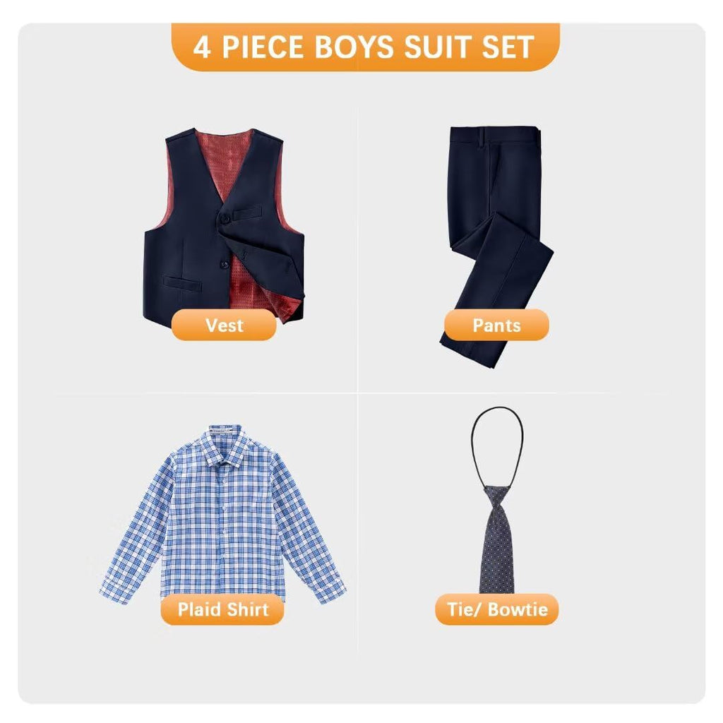 Toddler Suit Boys Baptism Christening Outfit Kids Navy Suit Vest Pants Set Plaid Dress Shirt