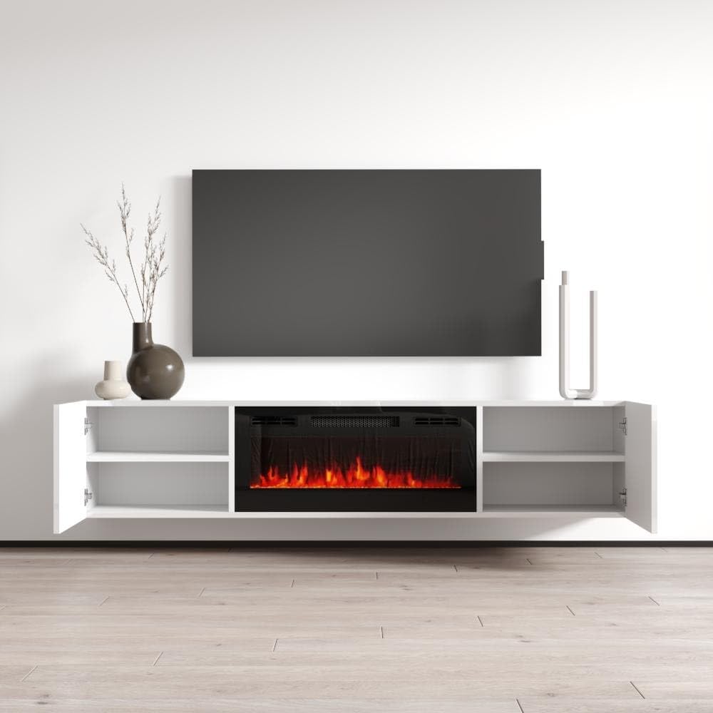Cali BL-EF Electric Fireplace - Wall Mounted Media Console with Storage Cabinets - Modern High Gloss, 72