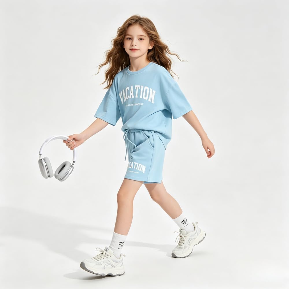 Girl's Tracksuit Sets 2 Piece Outfits Letter Print Vacation Tee Top and Drawstring Waist Shorts