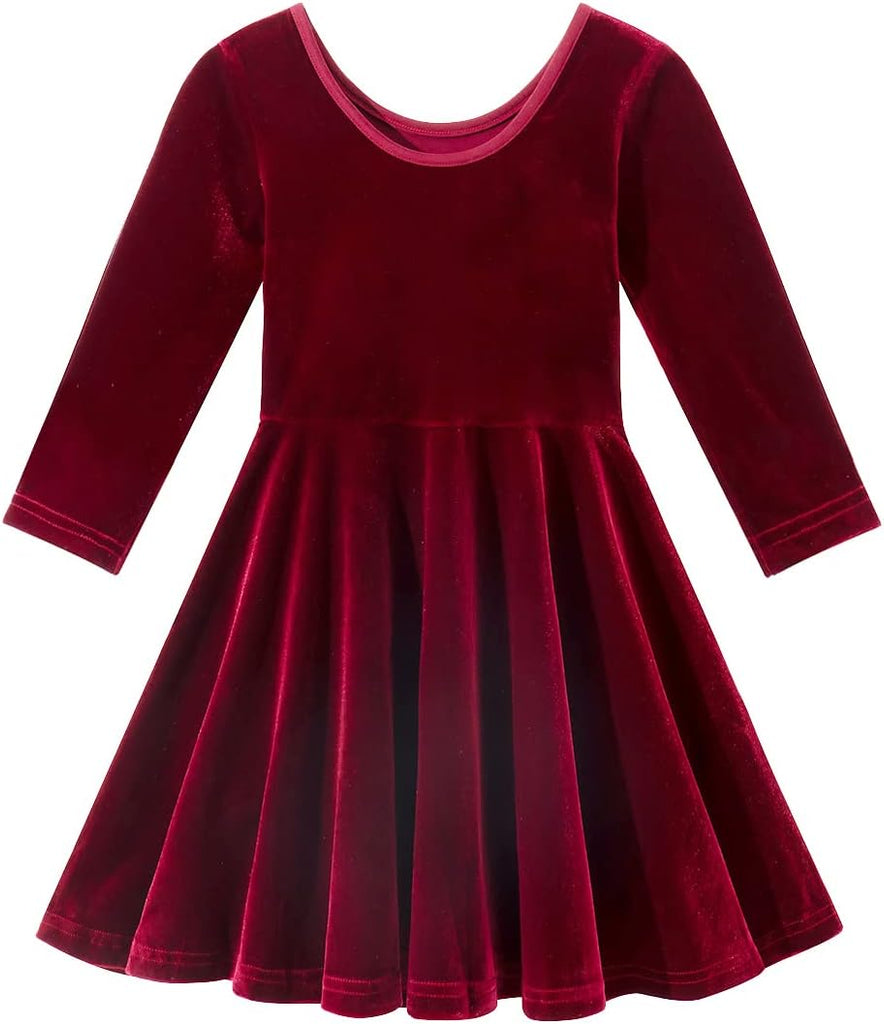 Girls 3/4 Sleeve Velvet Twirly Dress Casual Skater Dresses with Pockets