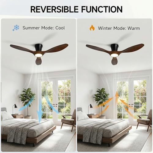 42 Inch Wood Flush Mount Ceiling Fan with Dimmable LED Light and Remote - Solid Walnut Blades, Quiet DC Motor