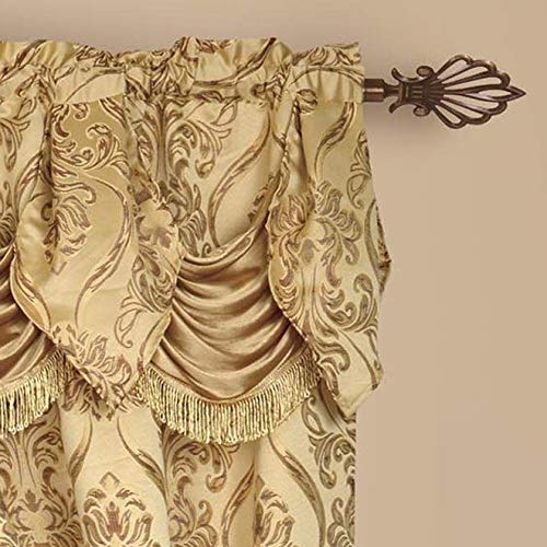 Jacquard Look Curtain Panel Set with Attached Waterfall Valance, (Set of 2), 54 x 84 Inches, Gold