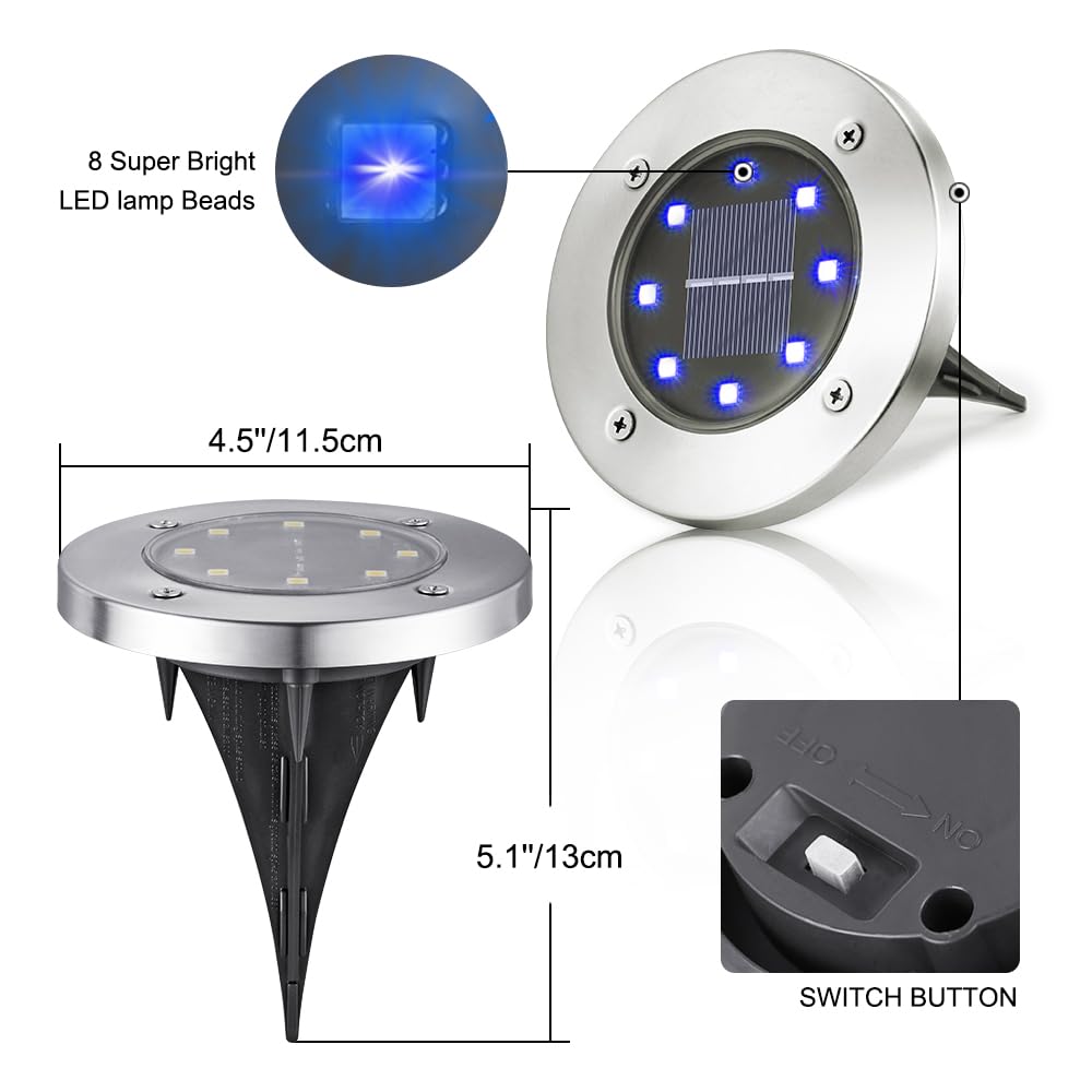 Solar Ground Lights Outdoor, 8 Pack 8 LED Solar Disk Lights Waterproof Garden In-ground Pathway Light Landscape