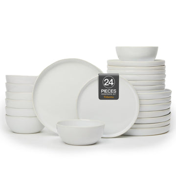 Minimalist Dinnerware Set, 24 Piece Fog White Plates and Bowls Set for 8 - Sculpted Ceramic Dish Sets for Gatherings