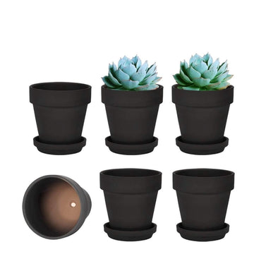 4 Inch Black Terracotta & Clay Pots with Saucer, 6 Pack
