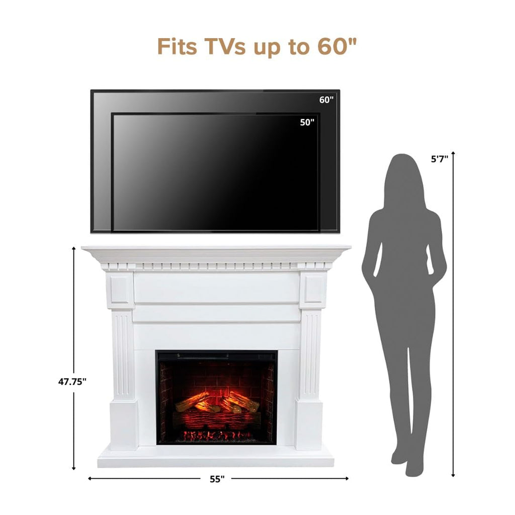 Augustine White Mantel Package 55" W x 48" H with 28 Inch Electric Fireplace Insert - 400 SqFt Heater 5 Flame Colors