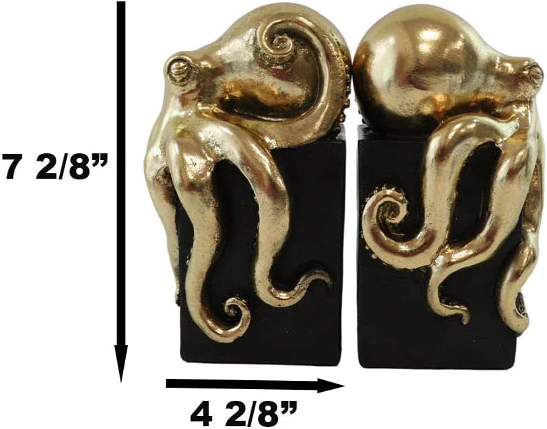 Contemporary Gold Color Octopus Light Duty Bookends Statue Set Nautical Coastal Resin Decorative Office Study-Room