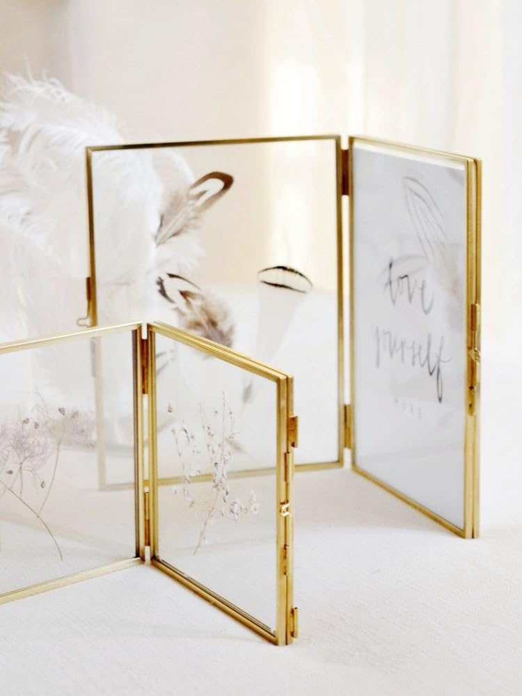 Gold Picture Frame - 5×7 Double Folding Glass Frame for Pressed Flowers - Vintage Brass Metal and Floating Frame