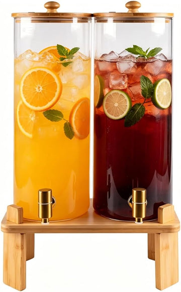 Gallon (4 gallon) Beverage Dispenser With Bamboo Wood Stand,Large Glass Drink Dispenser for Parties,Large - Set of 2