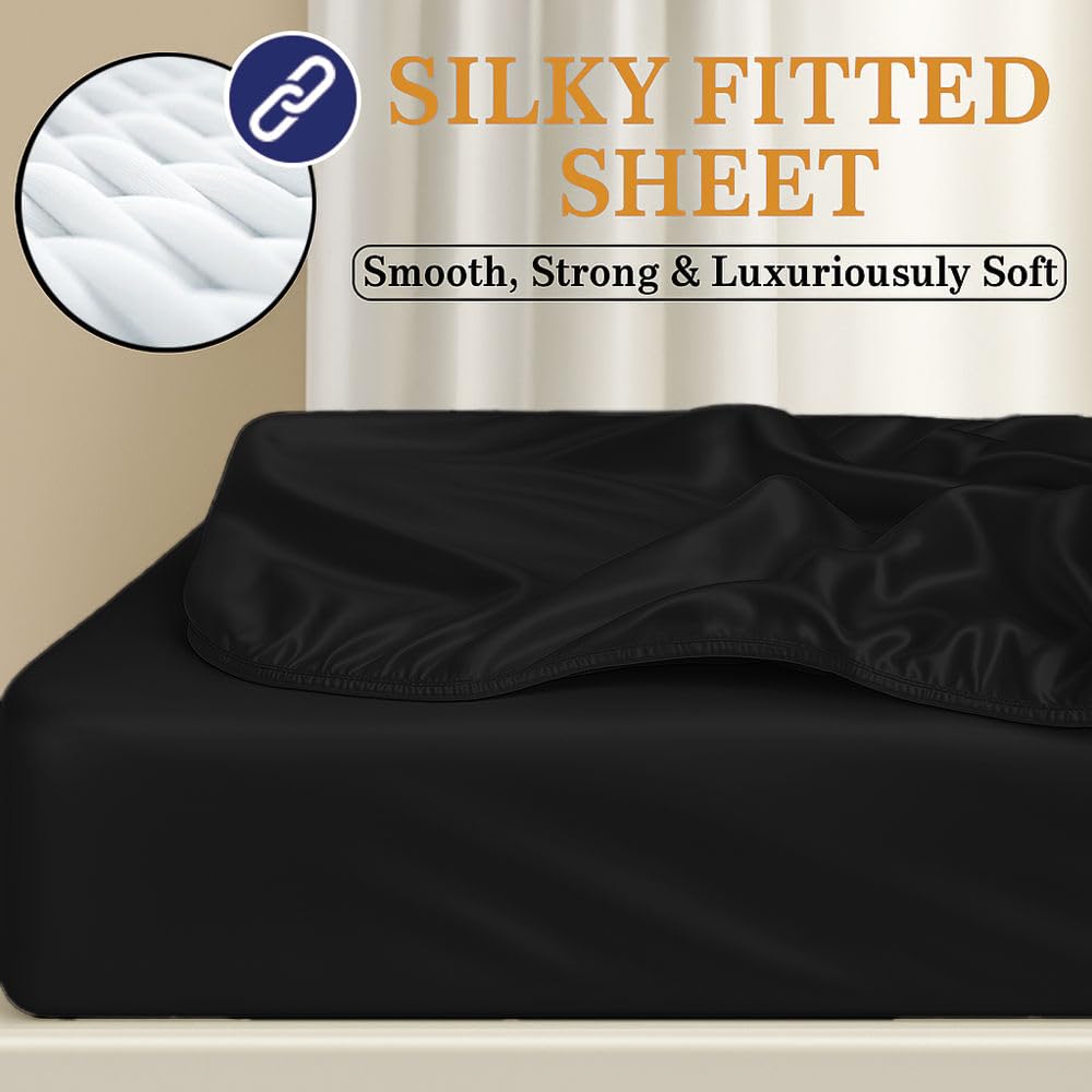Mulberry Silk Fitted Sheet, 22 Momme Luxury Silk Bottom Sheet Fits 7-9" Deep Pocket(, Black)