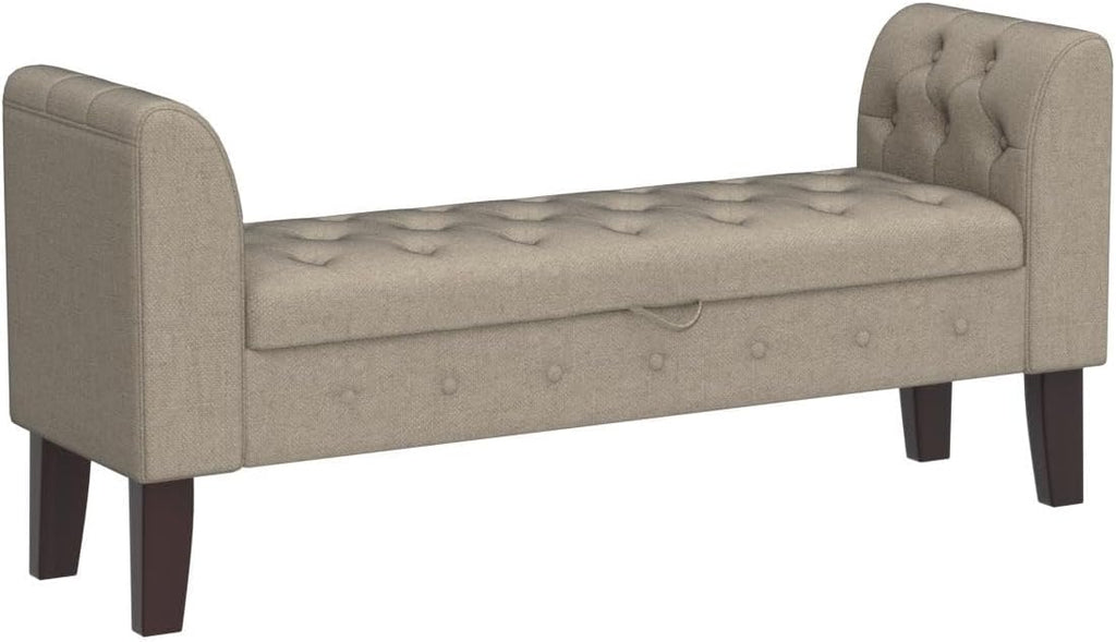Upholstered Storage Bench with Arms Ottoman Bench Entryway Living Room Khaki