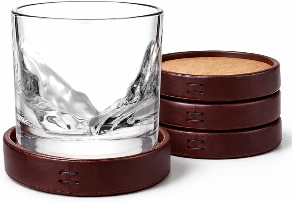 Leather Coasters, Premium Bar Coasters for Drinks, Full Grain Leather Drink Coaster with Cork Base, Modern - Set of 4