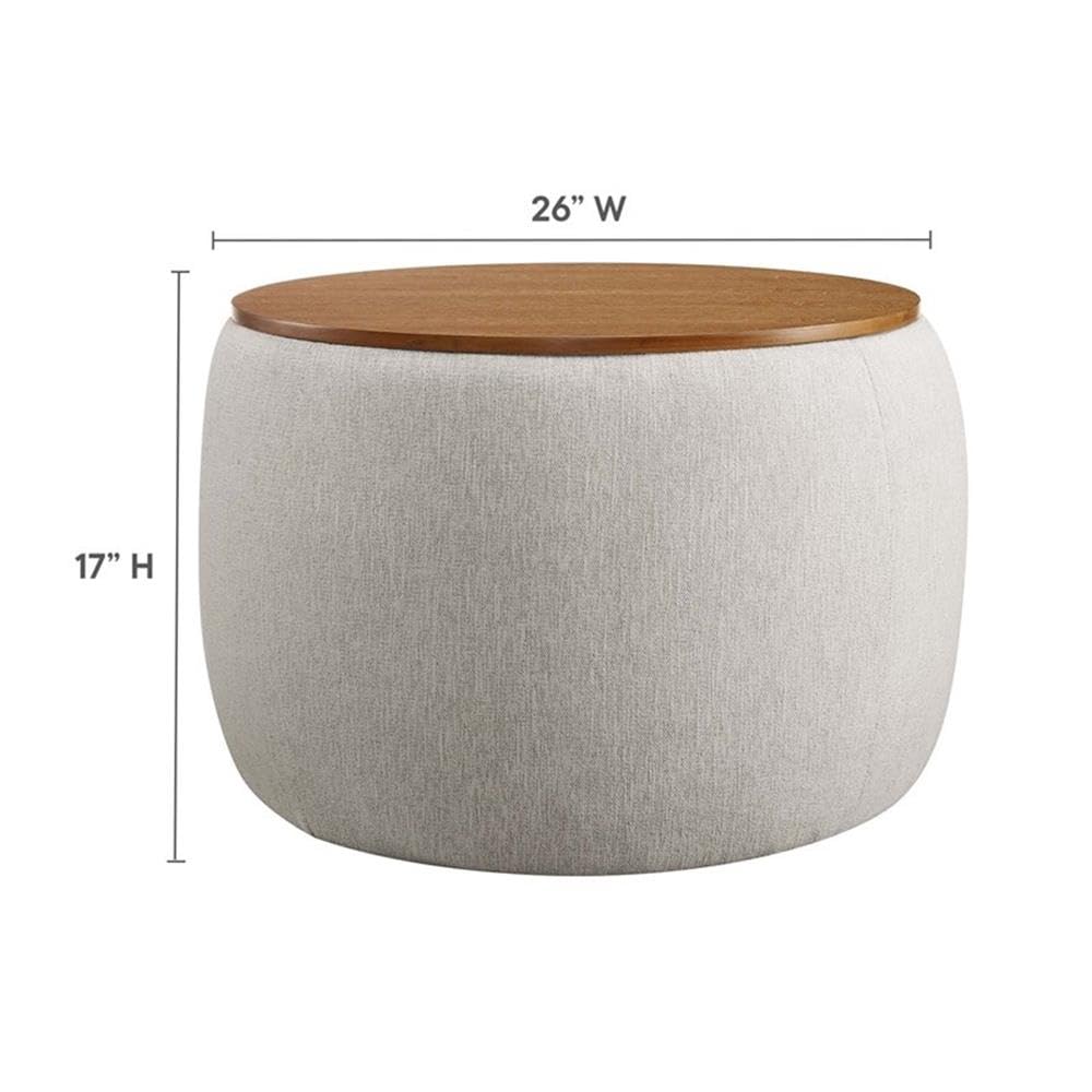 Perla 26 Inch Round Storage Ottoman with Tray Lid in Ivory Fabric -Heathered Fabric Ottoman - Versatile Footrest