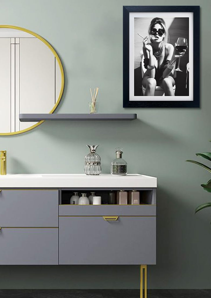 Framed Girl on Toilet Wall Decor, Woman on Toilet Smoking and Drinking Wine, Black and White Bathroom Wall Art, Funny