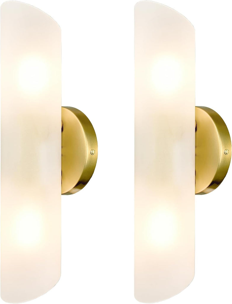 Modern Brass Wall Sconces Set of Two Frosted Glass Wall Light Fixture 2-Light Cylinder Bathroom Vanity Lights Gold