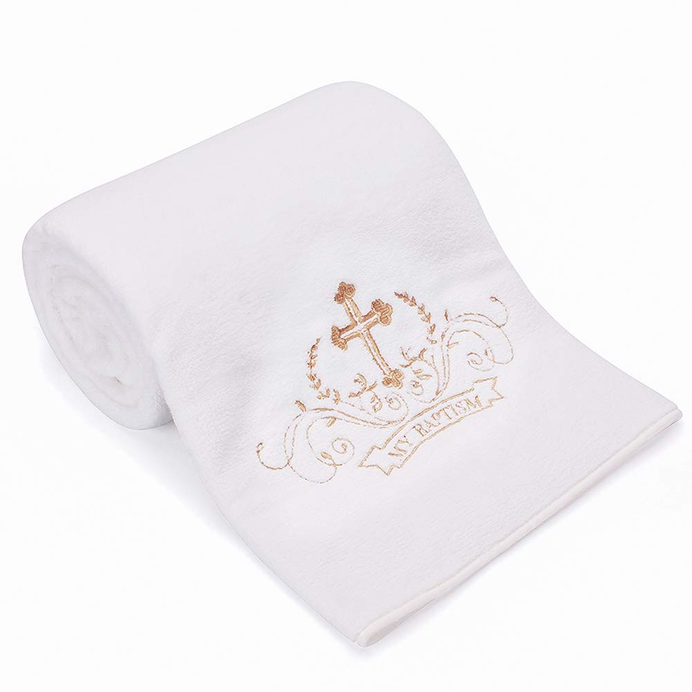 My Baptism Baby Christening Dedication White Blanket with Embroidered Cross Premium Soft Warm Cozy Coral Fleece