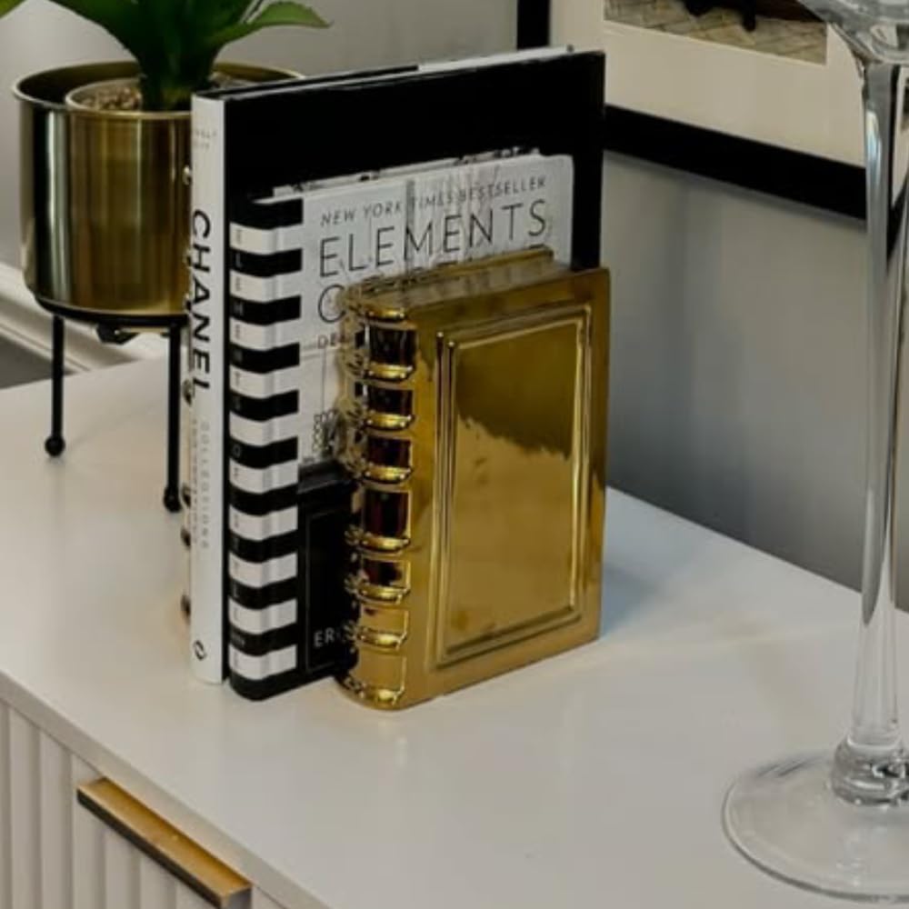 Ceramic Book Set of 2, Gold | Pair of Books Sculptures, Elegant Shelf & Table Decor
