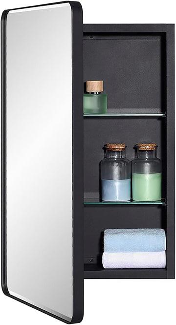Black Bathroom Mirror Medicine Cabinet with Round Corner Framed Door and Beveled Edge Mirror 15 x 25 inch, Recessed