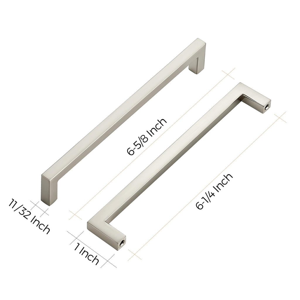 Brushed Nickel Square Solid Cabinet Handles, 6-1/4 Inch, 5 Pack