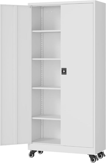 Metal Rolling Storage Cabinet-74.6" Tall Steel File Cabinets with Wheels Lockable Doors and Adjustable Shelves-White