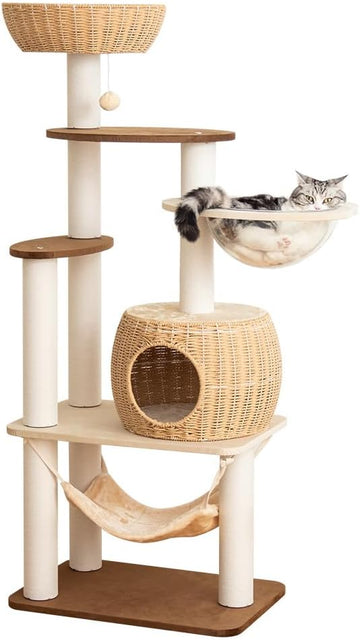 56.6" Velvet Cat Tree Tower with Woven Condo, Clear Bowl & Hammock