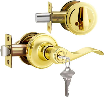 Keyed Entry Door Lock Set with Single Cylinder Deadbolt, Polished Brass Keyed Alike Door Handle with Lock - Door Lever