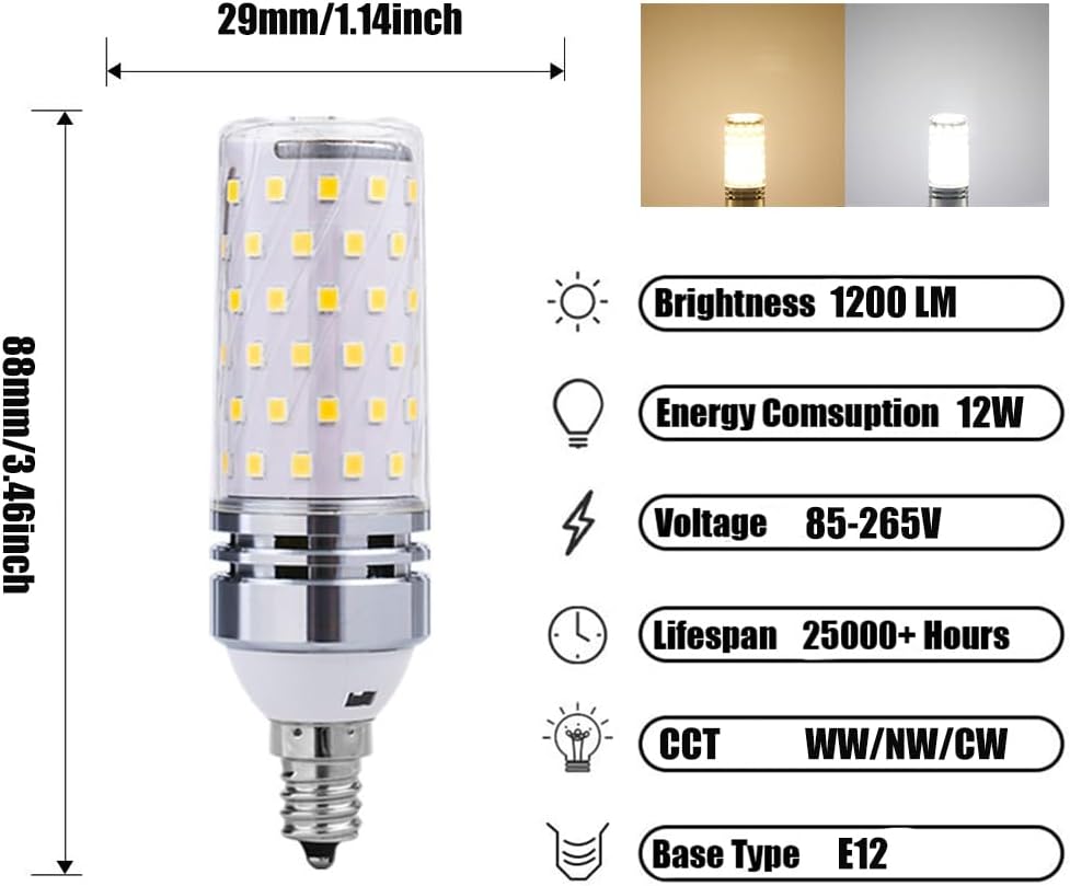 4Pack 12W LED Corn Light Bulb, Mini Corn Bulb, 100 Watt Equivalent, Cool White 6000K, 1100LM E12 Base, for Garage