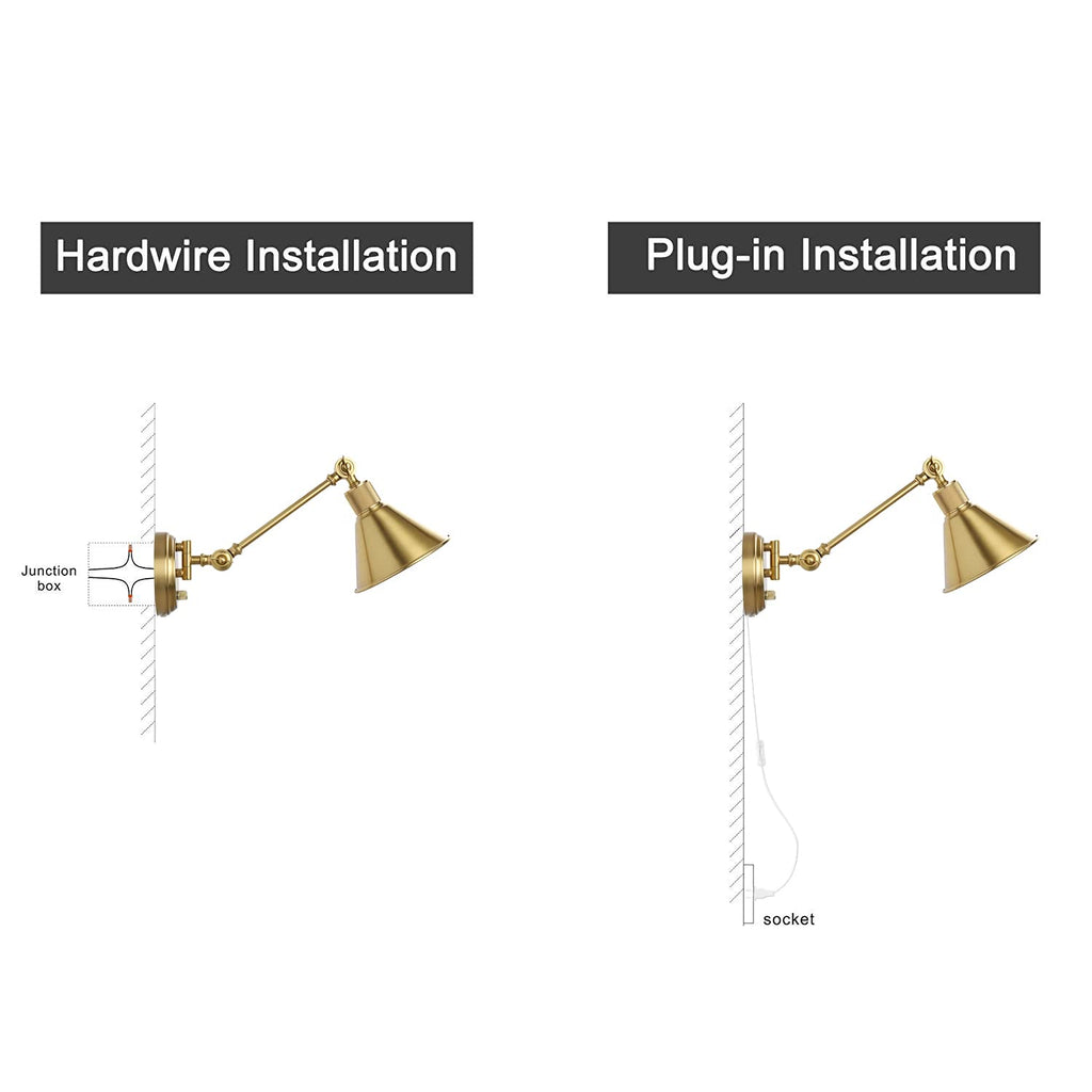 Wall Sconce Plug in, Dimmable Wall Sconce Brushed Brass Swing Arm Wall Lights with Plug in Cord and Dimmer On/Off