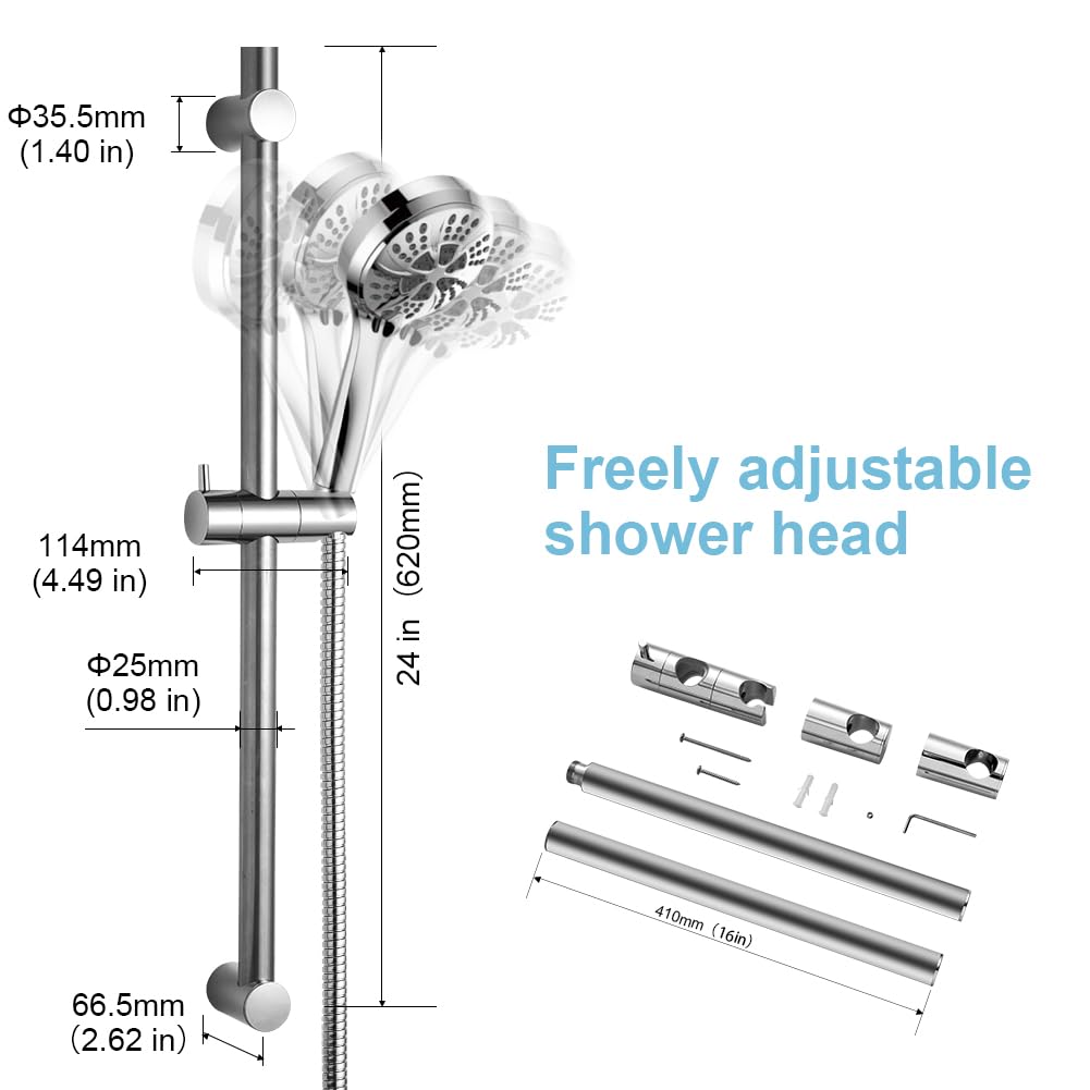 Shower Slide Bar 24 in Segmental Slide Bar Adjustable Installation Distance 18-24 in with 360° Adjustable Handheld