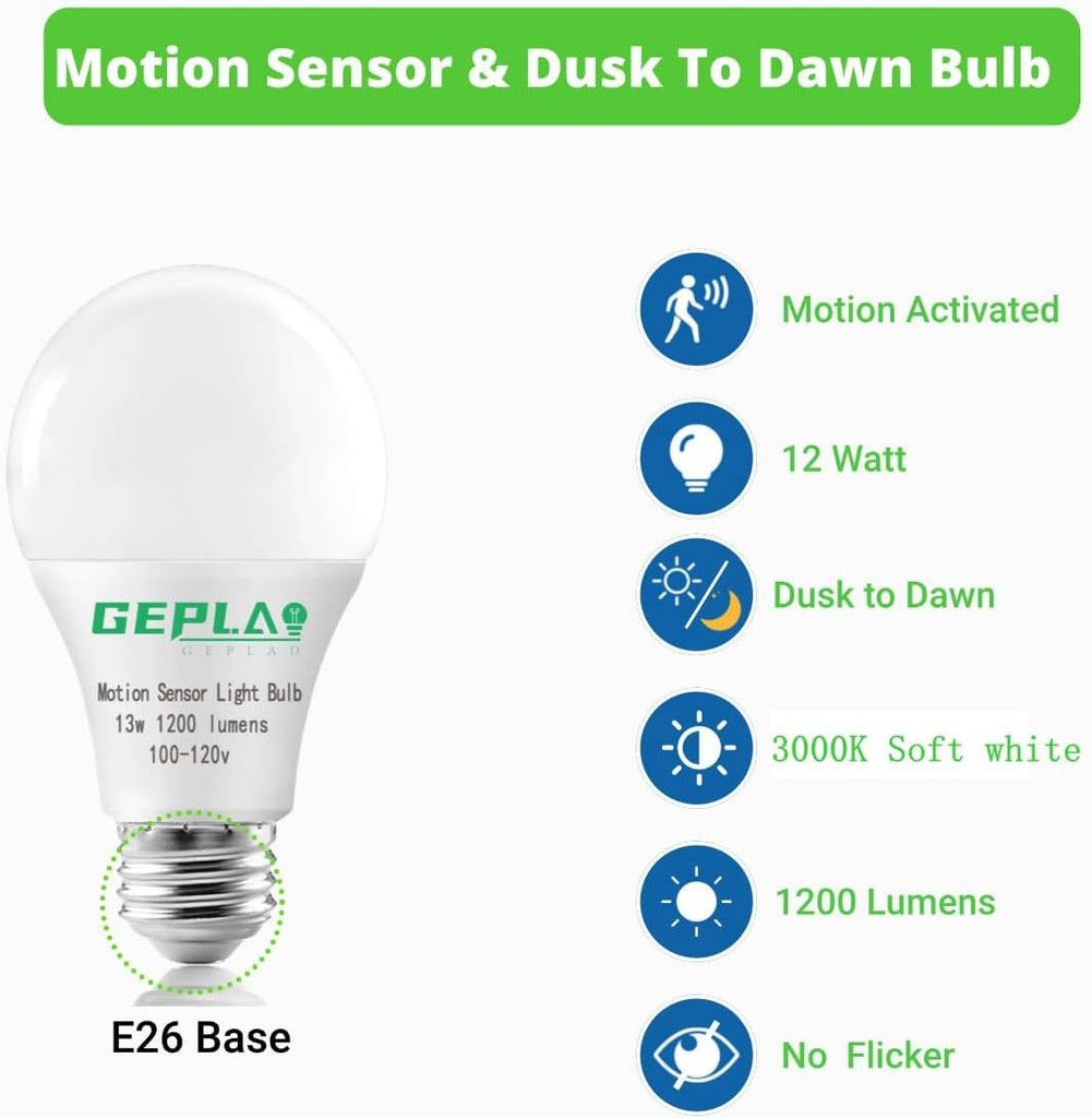 Outdoor Motion Sensor LED Light Bulbs, 12W Dusk to Dawn Bulb, 3000K Soft White 1200LM, A19 E26