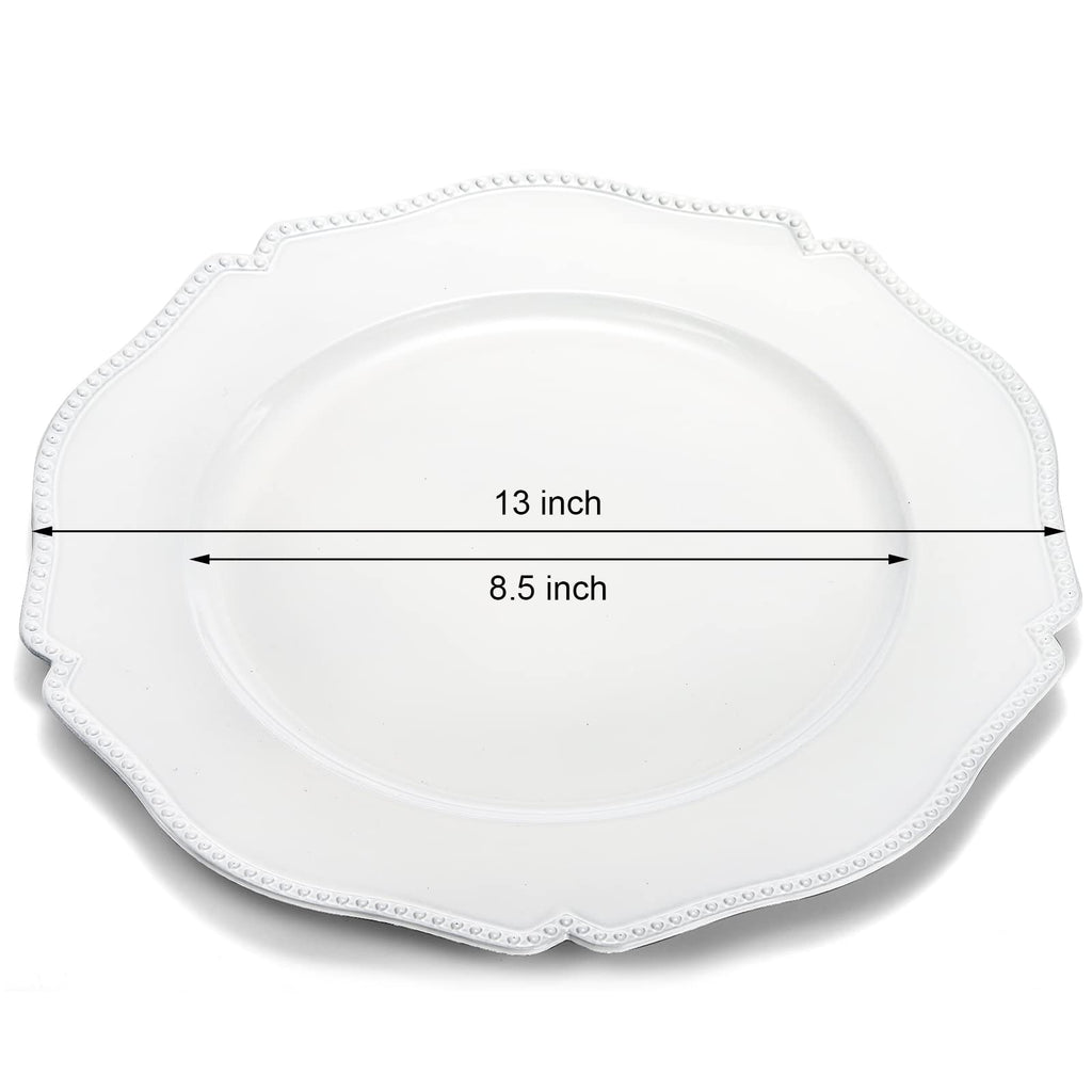 12 Pack White Charger Plates with Beaded Rim, 13 Inch Round Plastic Dinner Chargers, Scalloped Serving Plates for